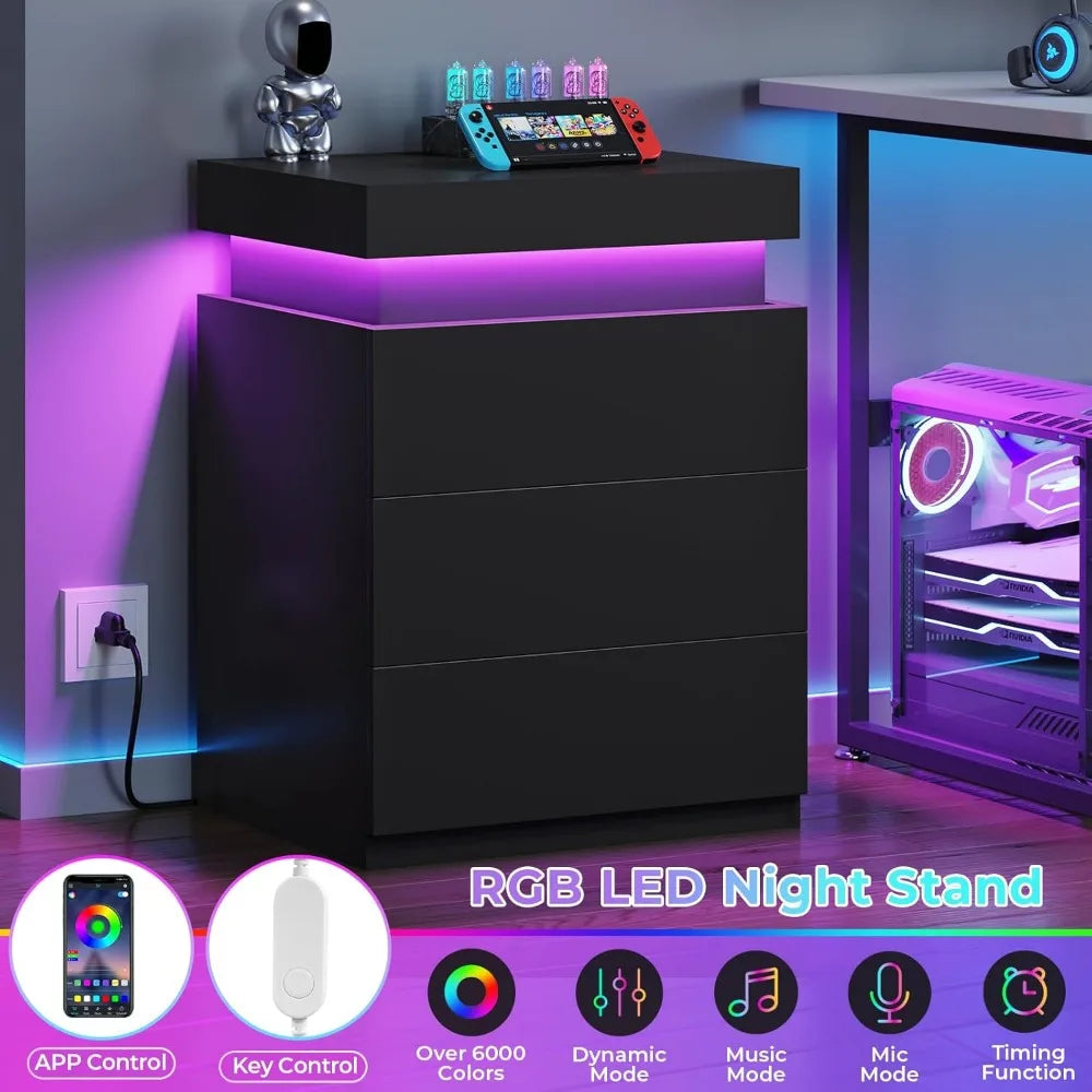 Modern Nightstand With Charging Station And LED Lights
