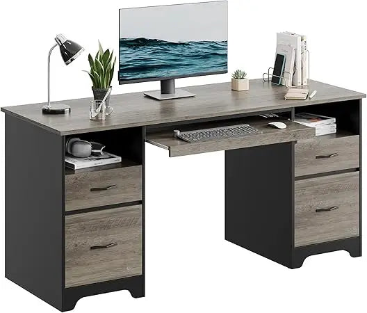 Modern Industrial Desk With File Drawers And Keyboard Tray