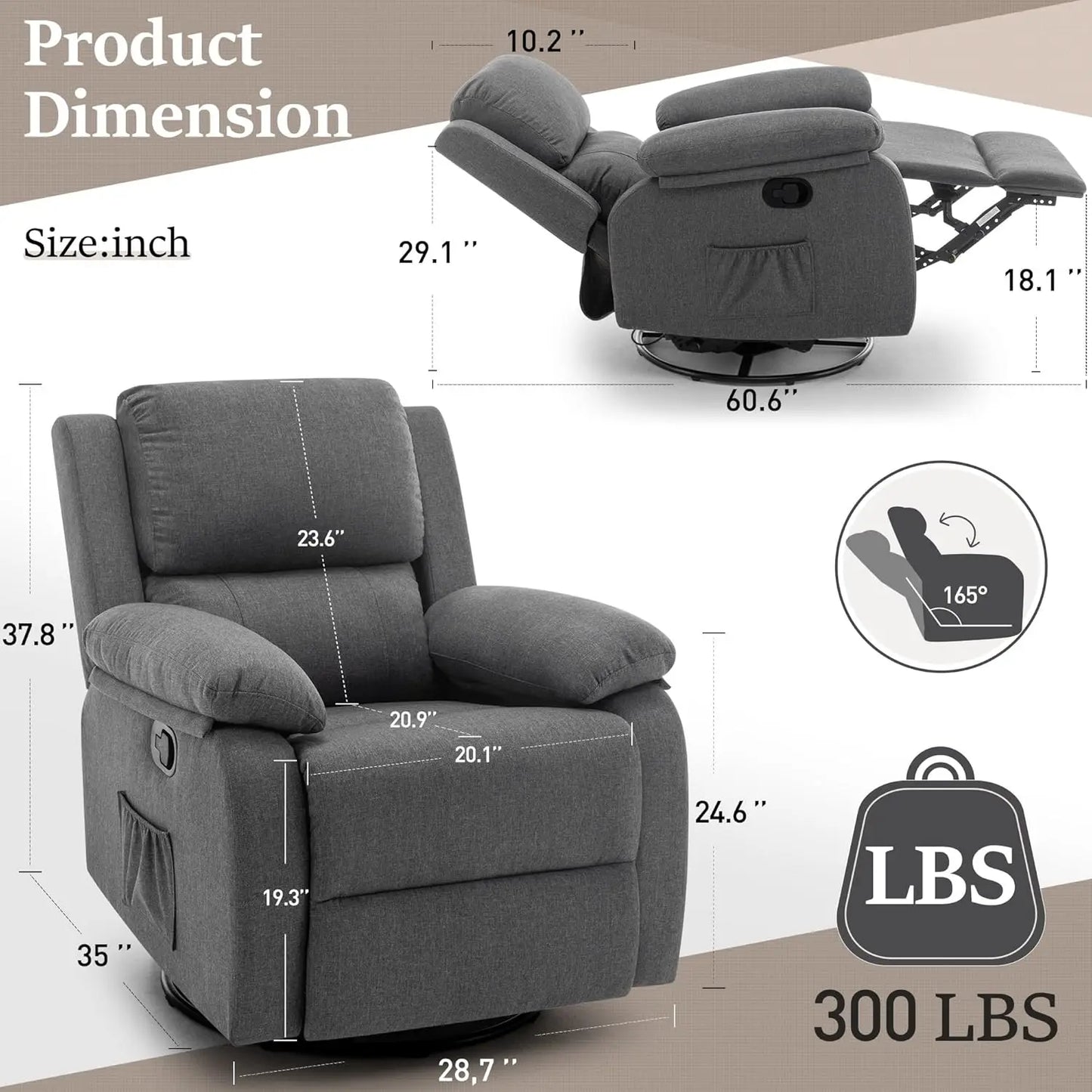 Recliner Chair, 360 Swivel Rocker Chair for Adults, Nursery