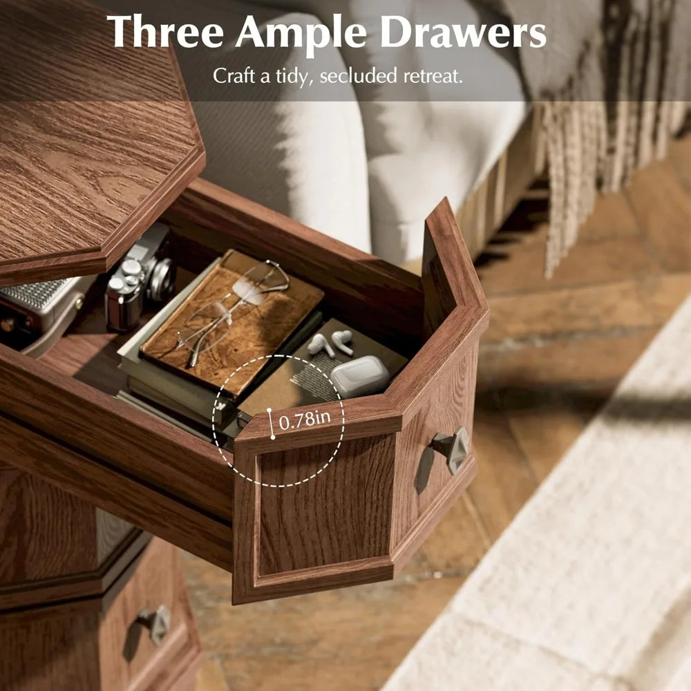 HUANZHUANG Nightstand With Charging Station End Table Vintage Style