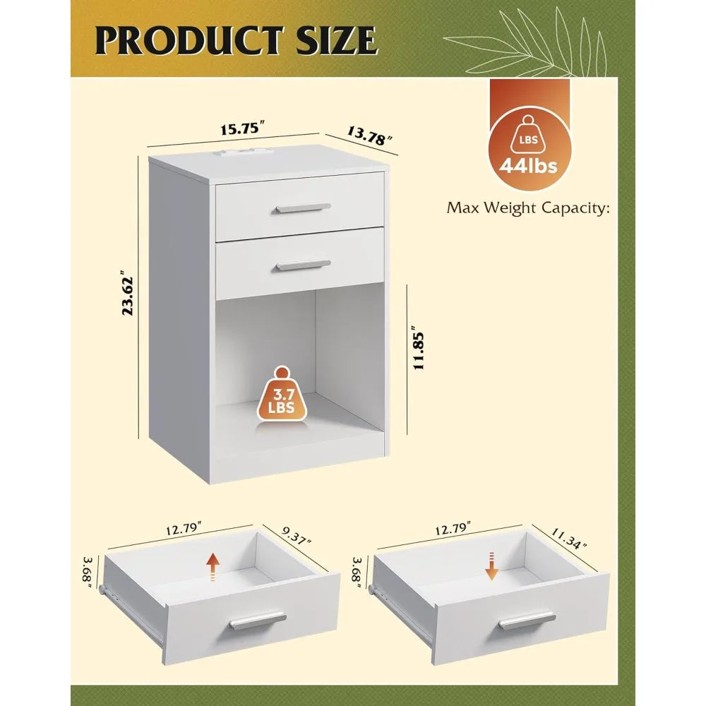 Nightstand Set of 2 With Charging Station and Drawers