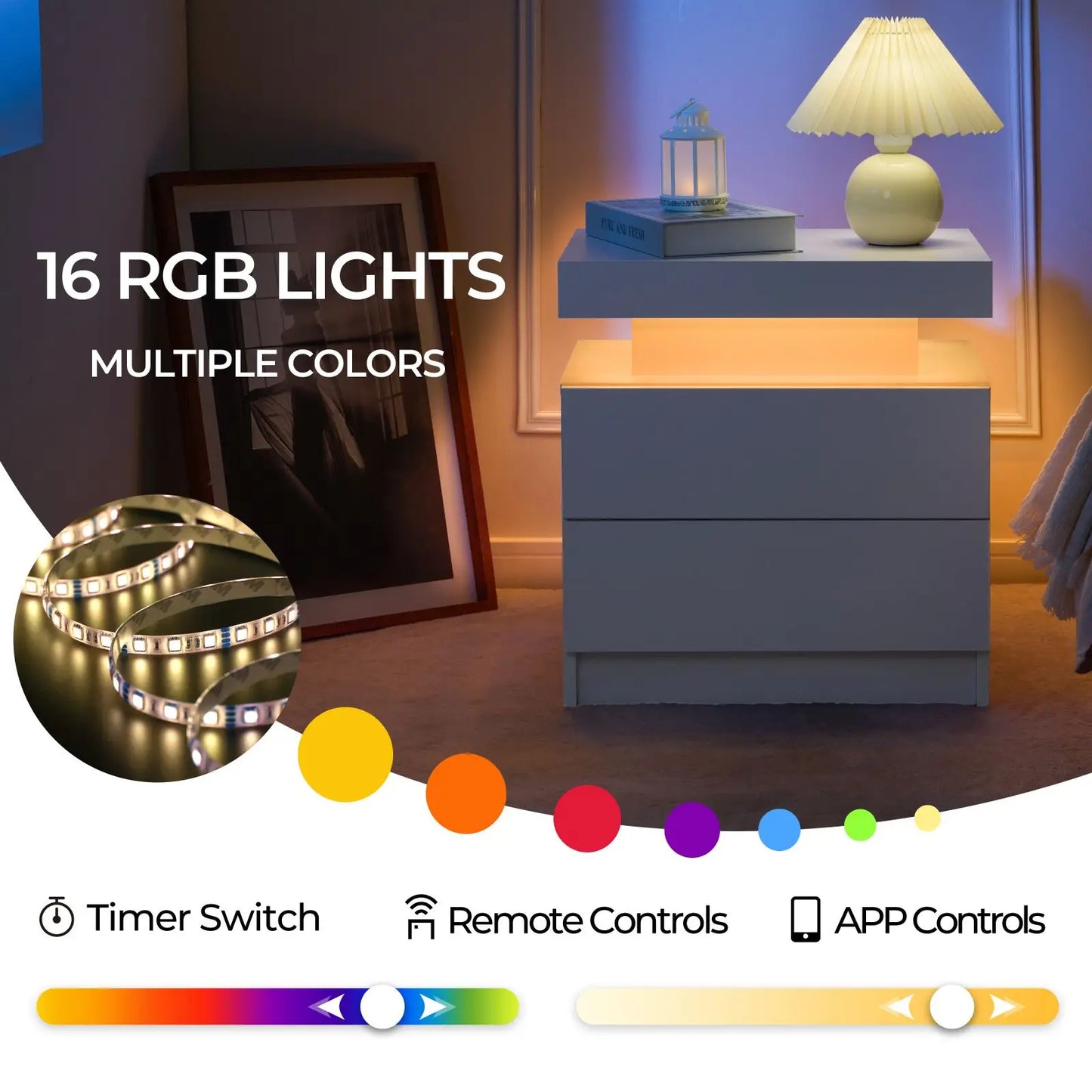 Cubehom LED Nightstands With Two Drawers Bedside Table