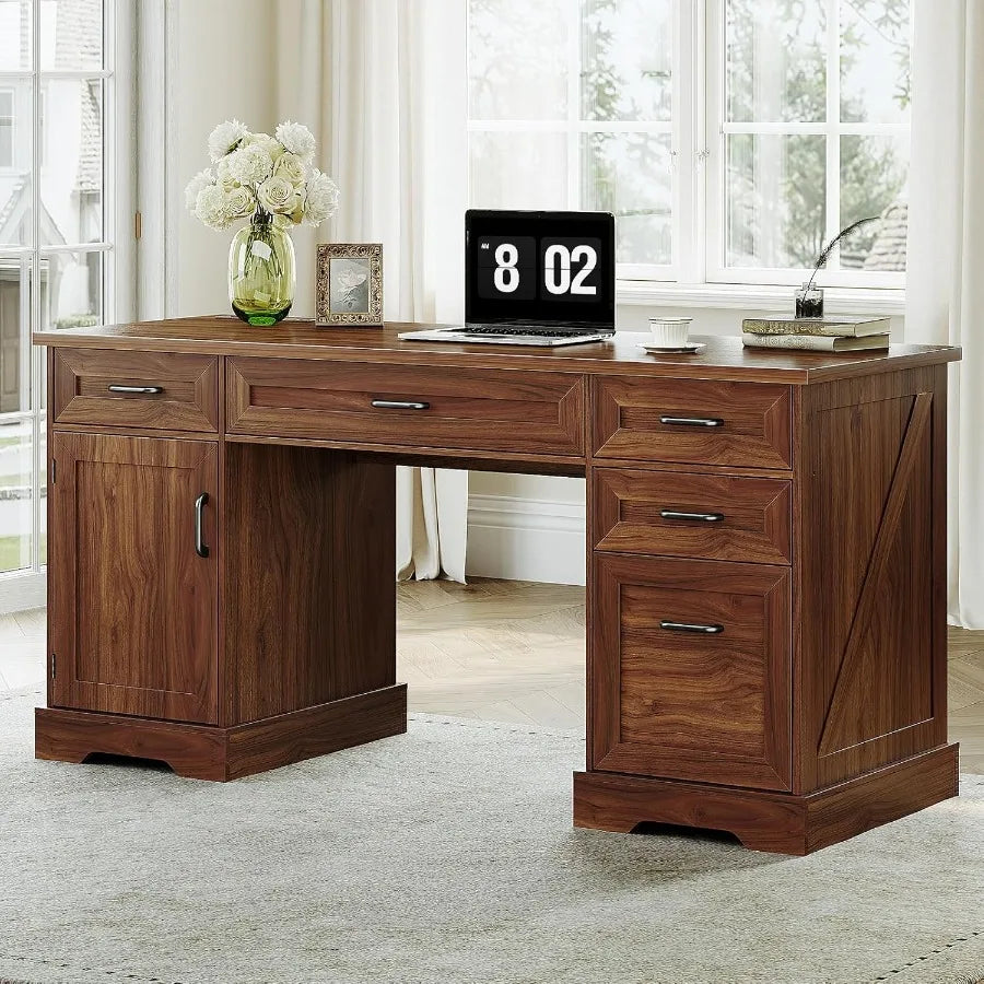 Hign-concerned Farmhouse Office Desk With Builtin File Cabinet Drawers