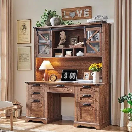 Barnwood Executive Desk With Hutch And Charging Station