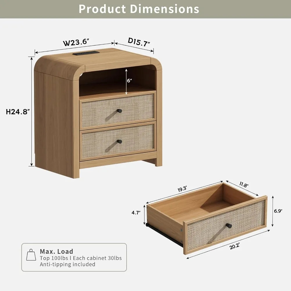 ANGDUO Rattan Nightstand Set of 2 With Charging Station