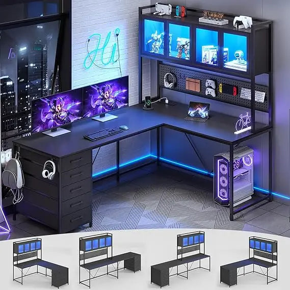 L Shaped Gaming Desk With Drawers Hutch Led Lights