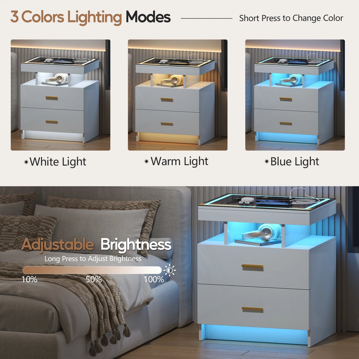 JDPAG LED Nightstand With Wireless Charging Two Drawers