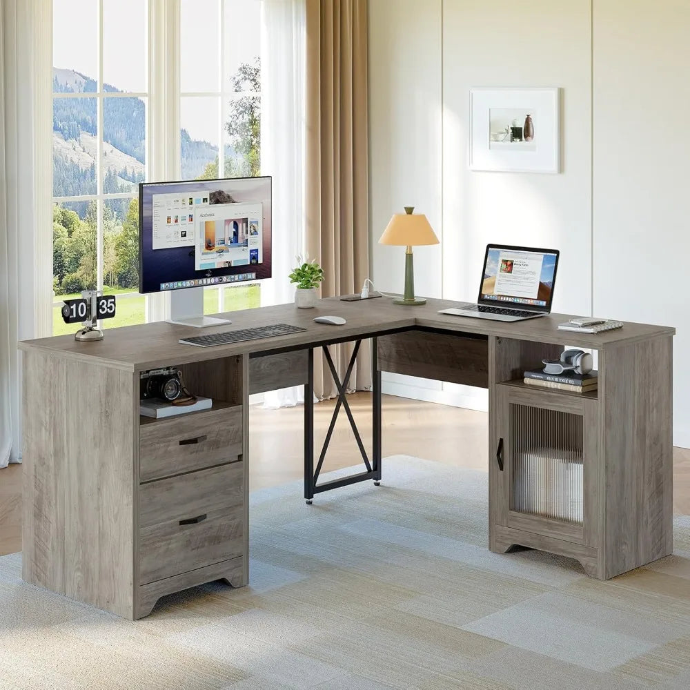 HUANZHUANG L Shaped Farmhouse Desk Hutch And Charging Station