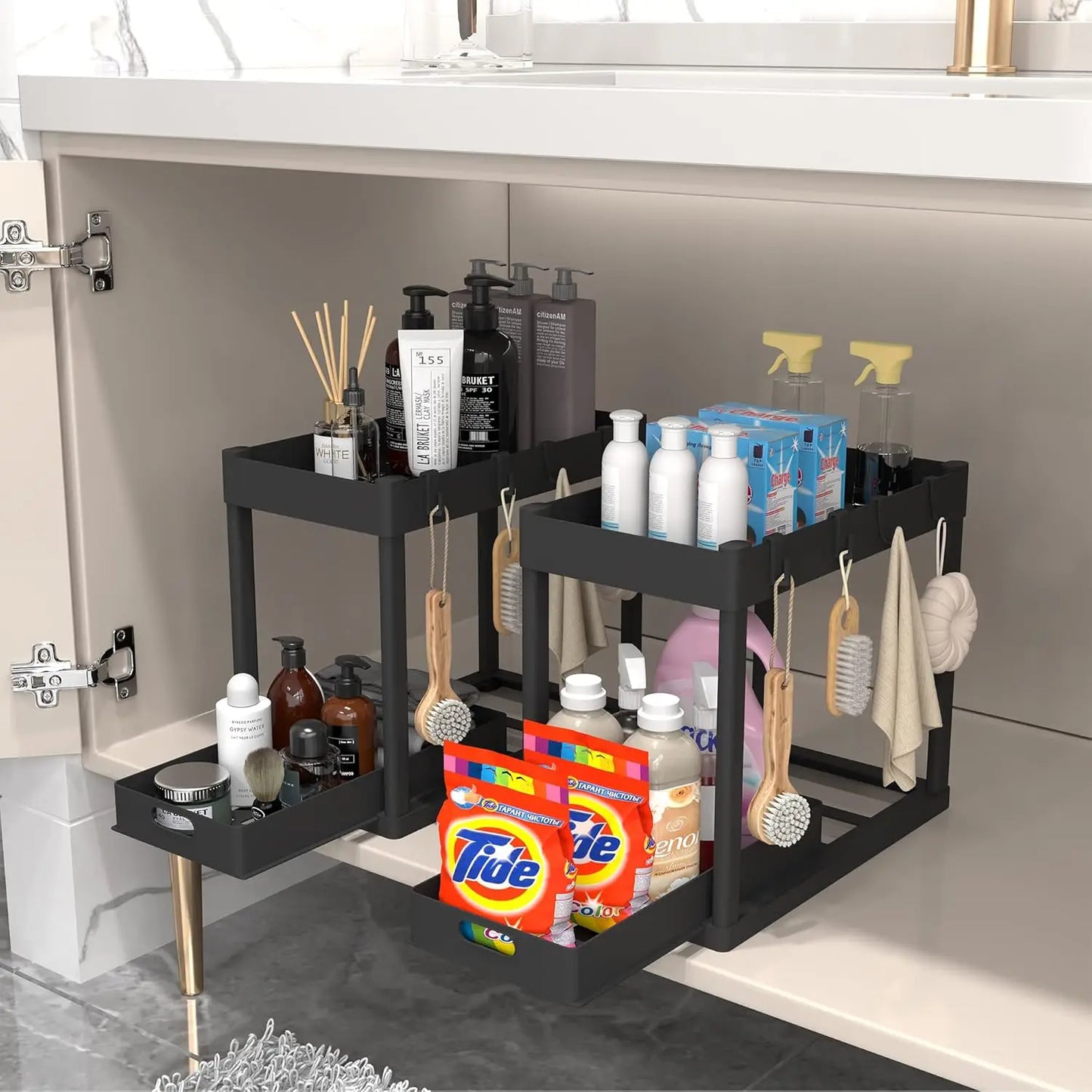 Double-Tier Pull-Out Under-Sink Storage Rack Set for Kitchen and Bathroom