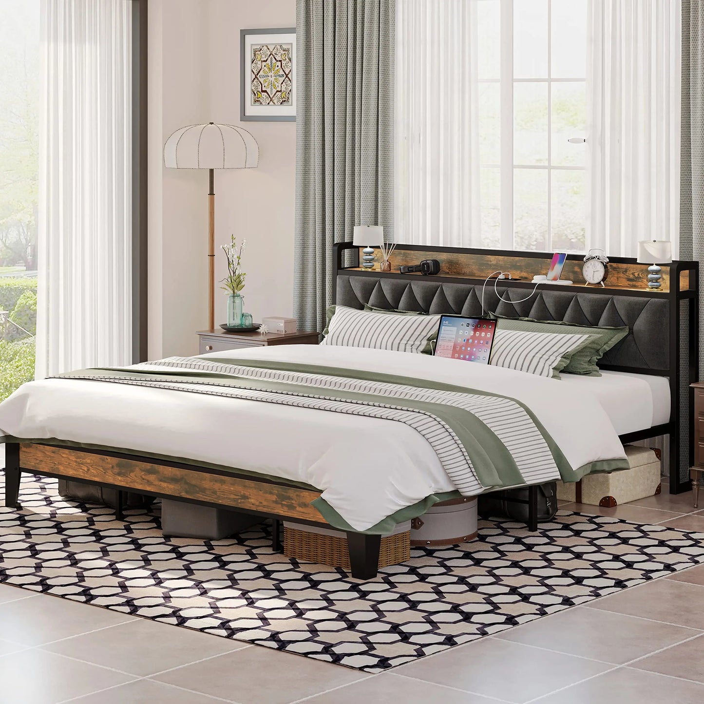ANCTOR Storage Headboard Bed Frame With Outlets No Noise