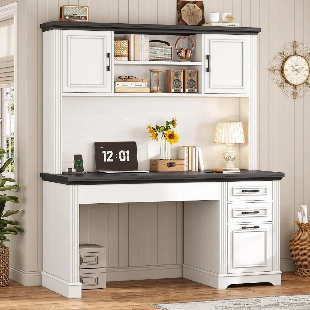 Executive Farmhouse Desk With Hutch And Three Drawers