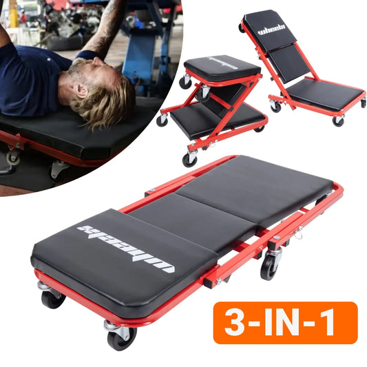 3 in 1 Rolling Mechanic Creeper Z Seat Foldable Garage Chair Lay Down Sit Lean Back Under Car Shop Auto Repair Red Black