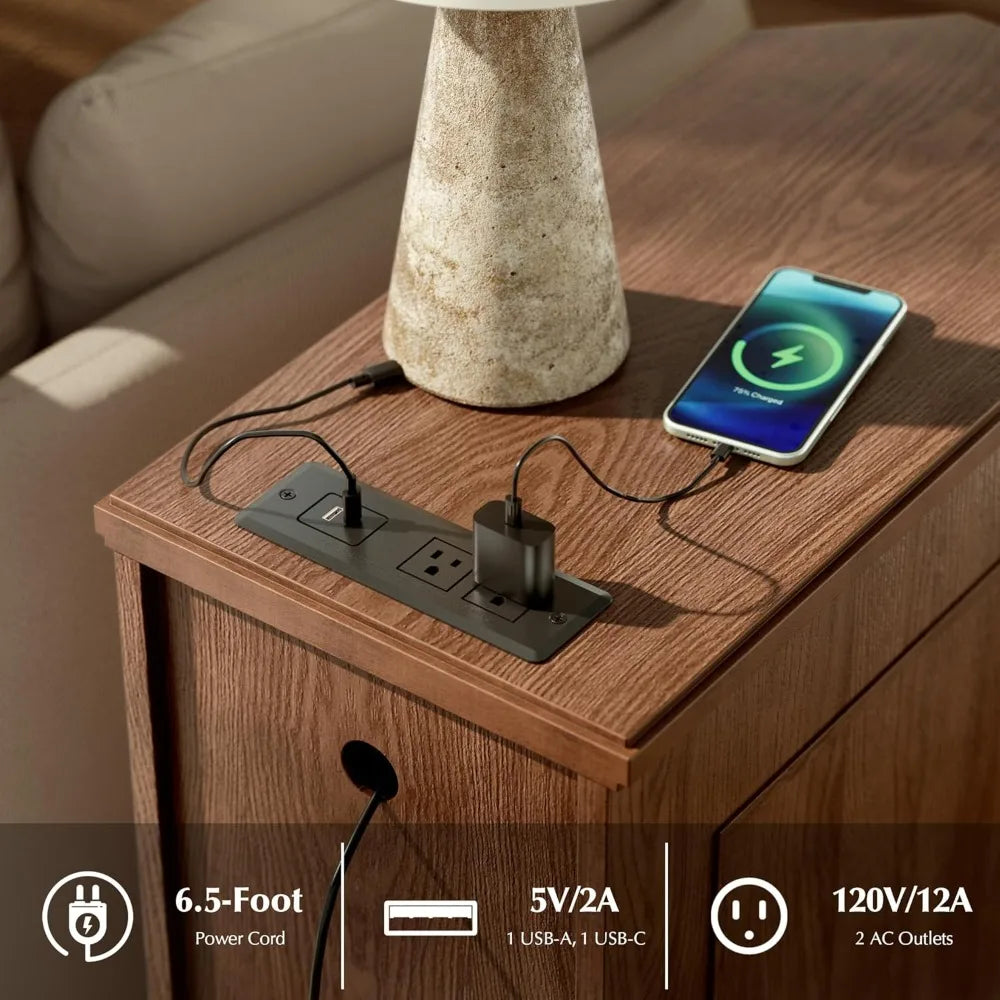 HUANZHUANG Nightstand With Charging Station End Table Vintage Style