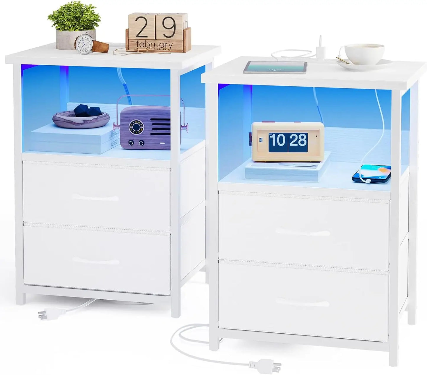 Drawer Nightstand Set of 2 With Charging Station LED